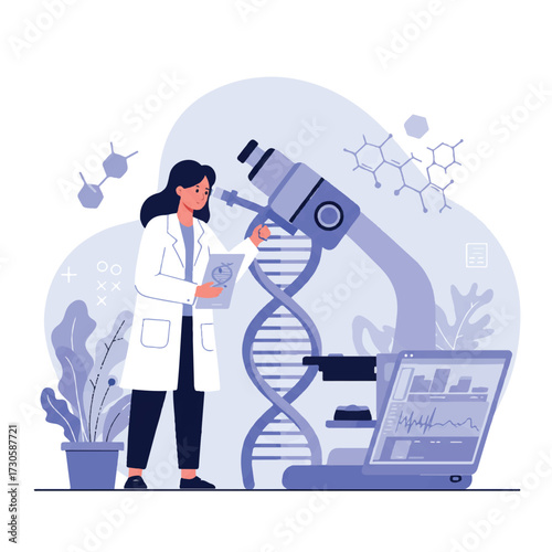 Female researcher examines DNA under a powerful microscope, a laptop displaying genetic data, in a vibrant 2D flat vector illustration.