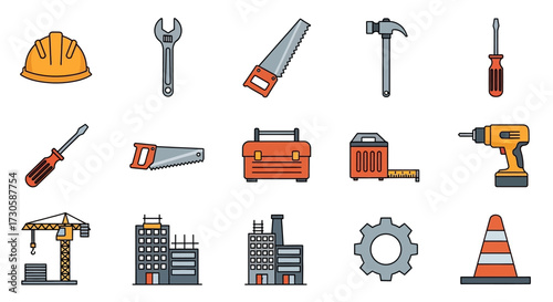 Construction Tools and Equipment Icons Set for Building and Repair.