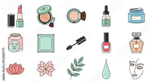 Cosmetic Products Collection - Lipstick, Powder, Oil, Cream, Mask, Mascara, Nail Polish, Perfume, Lotus, and Face.