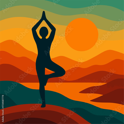 Yoga Tree Pose at Sunset — Mindfulness & Wellness Landscape
