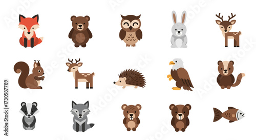 Cute Cartoon Forest Animals Vector Illustration Set.