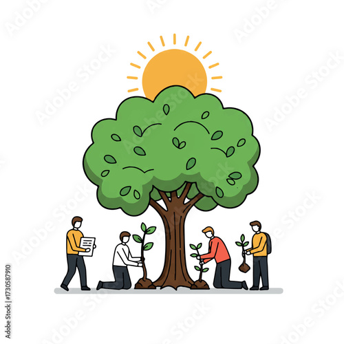 Flat 2D vector illustration showing people planting saplings around a large healthy tree under a bright sun, symbolizing ecological research and environmental sustainability.