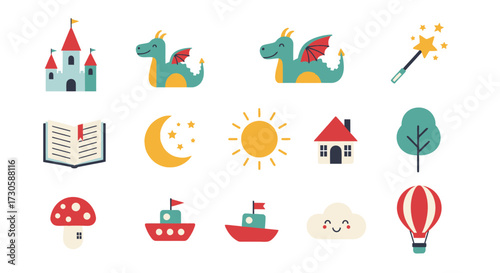 Fairytale icons set including castle, dragons, magic wand, book, sun, moon, house, tree, mushroom, boats, cloud, hot air balloon.