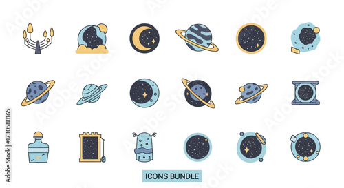 Diverse flat design icon bundle featuring space, planets, and celestial objects.