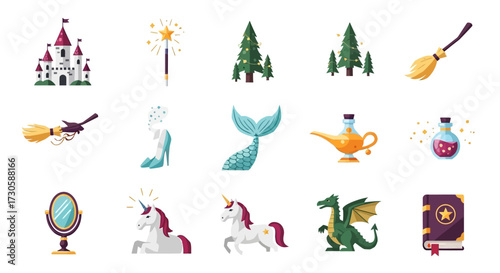 Enchanting Fantasy Icons - Castle, Wand, Unicorn, Dragon, and Magic Book.