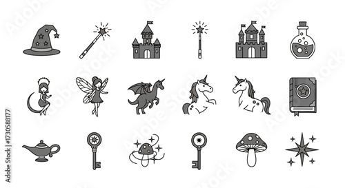 Hand drawn set of magic and fantasy doodle icons collection.