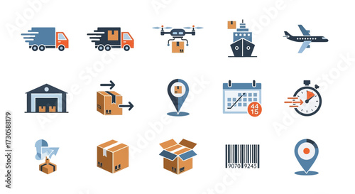 Flat Design Logistics Shipping and Delivery Icon Set.