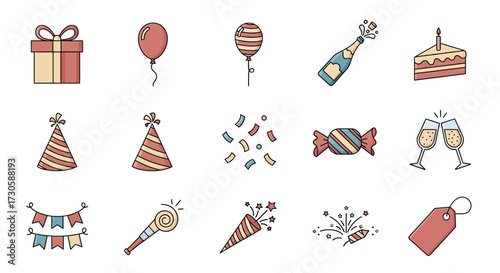 Festive Celebration Icons - Birthday Party Elements in Hand-Drawn Style.