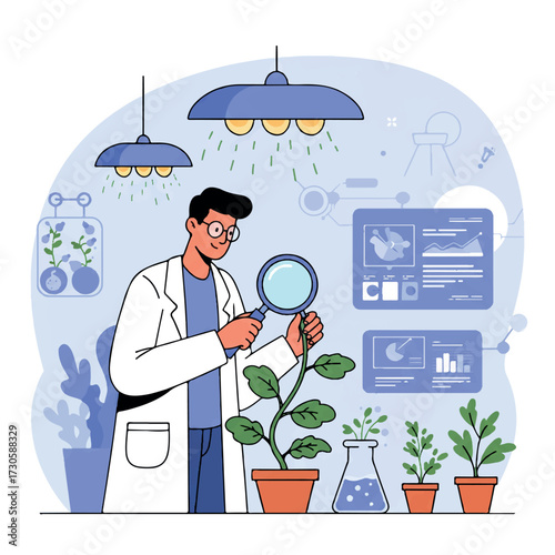 Male botanist examining a vibrant plant in a modern greenhouse setting with a magnifying glass, depicted in a clean 2D flat vector illustration featuring growth lights and a data screen.