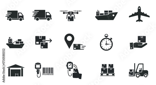 Logistics and Delivery Transportation Icons Set.