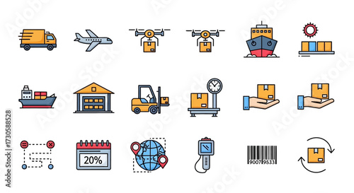 Logistics and delivery service colorful icon set collection.