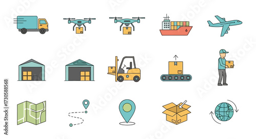 Logistics and Transportation Icons Representing Delivery and Shipping.