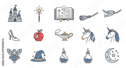 Set of Colorful Hand Drawn Fairy Tale and Magic Icons.