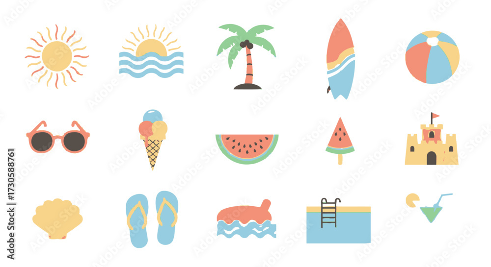 Naklejka premium Summer Vacation Icons Set - Sun, Beach, Palm Tree, Surfboard, and More.