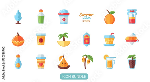 Summer Vacation and Tropical Drinks Flat Icon Collection.