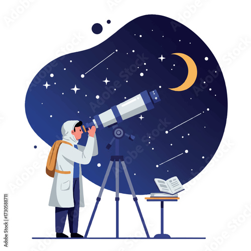 An astronomer studies a stylized night sky with vibrant stars and a crescent moon through a large telescope, an open book nearby, depicted in a 2D flat vector illustration.