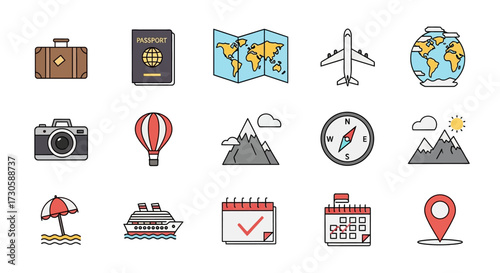 Travel and Tourism Icons - Suitcase, Passport, Map, Airplane, Globe, Camera, Balloon, Mountains, Compass, Beach, Cruise, Calendar, and Location Pin.