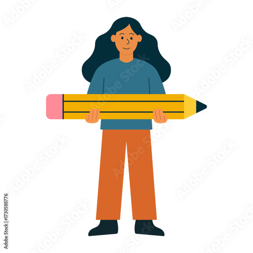 Woman holding oversized pencil. Creative writing and education concept vector illustration