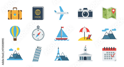 Travel icons set suitcase passport plane camera map.