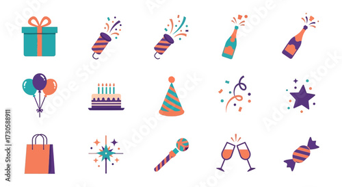 Vibrant collection of party and celebration icons for festive occasions.