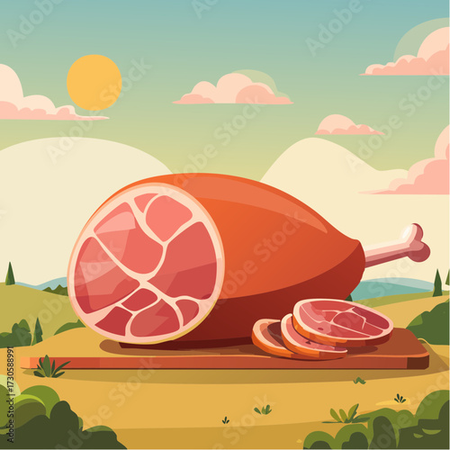 Délicieux jambon sec entier et tranché, présenté sur un plat en bois rustique, la nature en arrière plan