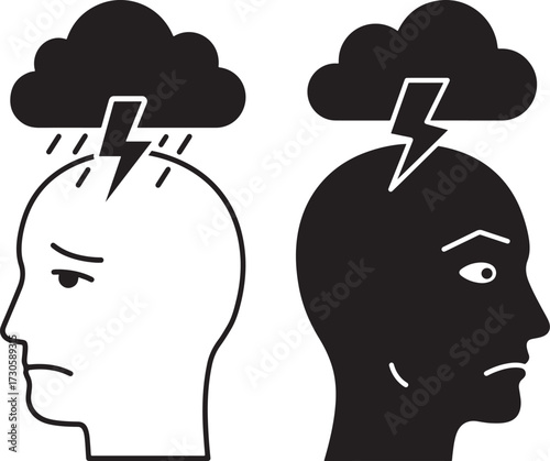 Two heads silhouette with storm clouds silhouette