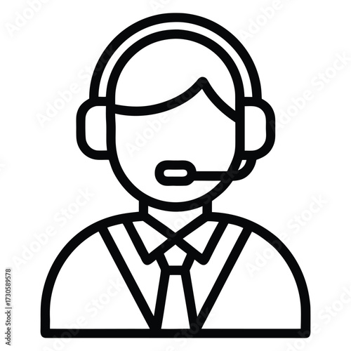 Black outline icon of a person wearing a headset and tie microphone