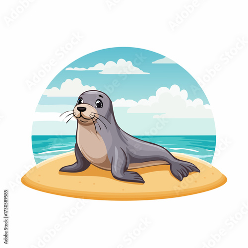Jolie illustration naïve d'un adorable phoque, sable, ciel bleu, océan, fond blanc