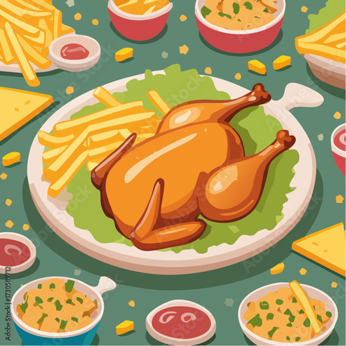 Jolie illustration d'un délicieux poulet rôti accompagné de frites