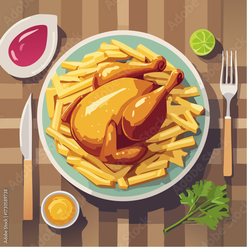 Jolie illustration d'un délicieux poulet rôti accompagné de frites