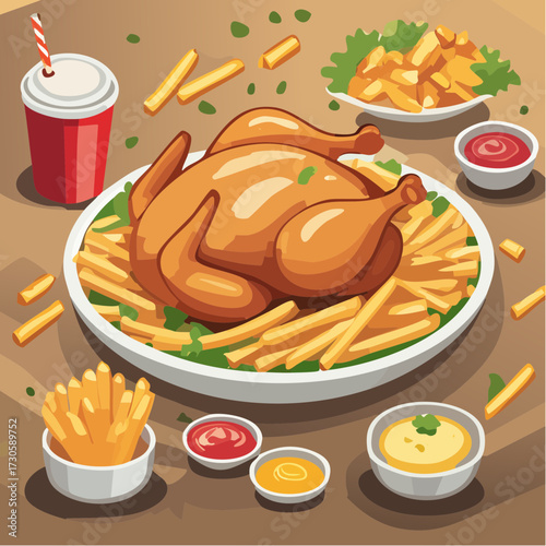 Jolie illustration d'un délicieux poulet rôti accompagné de frites