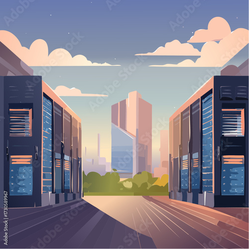 data center en extérieur, ville moderne en arrière plan
