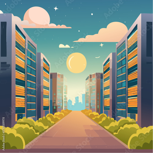 data center en extérieur, ville moderne en arrière plan