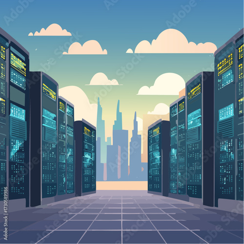 data center en extérieur, ville moderne en arrière plan