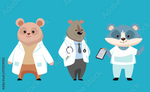 Animals, bear, leon, rabbit, dog, raccoon doctors isolated set. Vector design graphic illustration