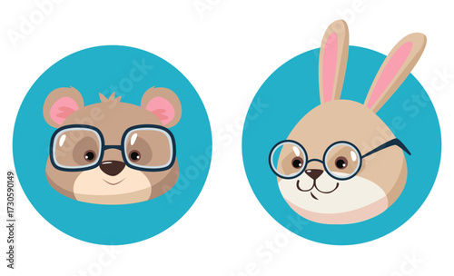 Animals, cat, rabbit, bear, dog in eyeglasses heads isolated set. Vector design graphic illustration