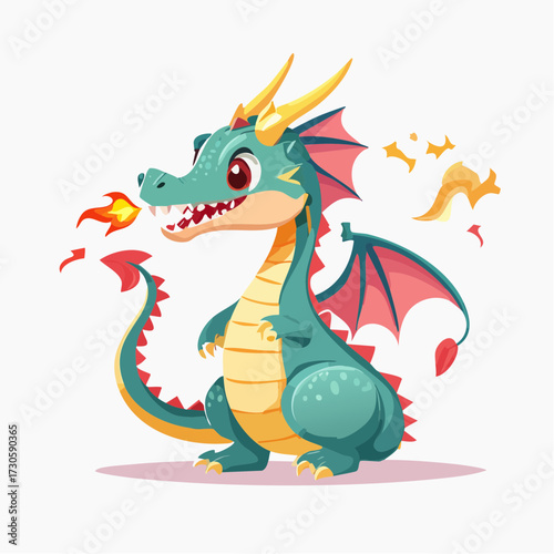 Dragon mignon qui crache du feu, coloré, naïf, enfantin, fond blanc