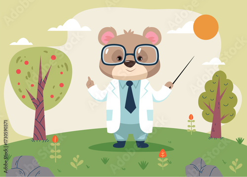 Animals bear, raccoon doctors on forest meadow concept. Vector design graphic illustration