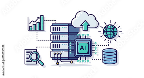 AI-powered server rack illustration with cloud computing, data analytics, and database icons in a modern line art style.