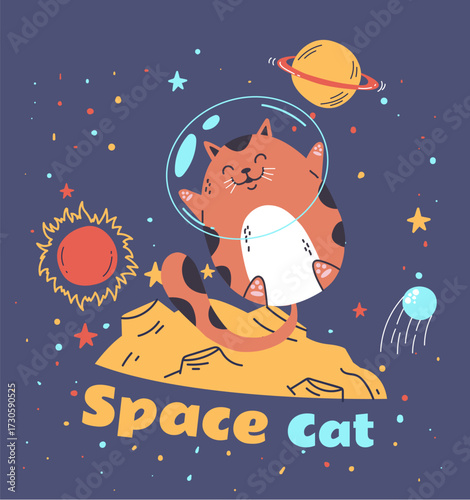 Cat astronaut floating in space line art outline simple isolated concept. Vector design graphic illustration