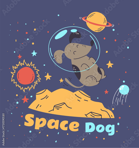 Dog astronaut floating in space line art outline simple isolated concept. Vector design graphic illustration
