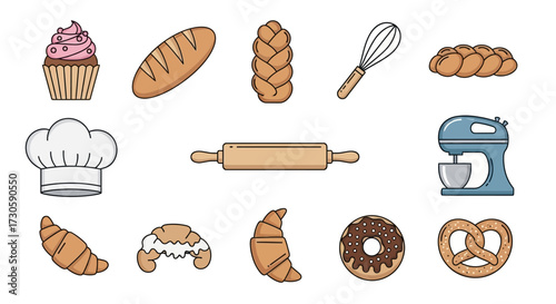 Assorted Bakery Items - Bread, Pastries, and Baking Tools in Colorful Illustration.