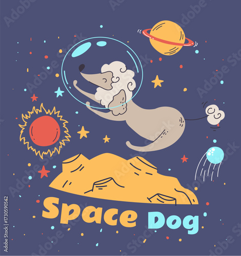 Dog astronaut floating in space line art outline simple isolated concept. Vector design graphic illustration
