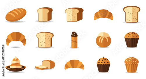 Assortment of Various Baked Goods - Bread Loaves, Slices, Croissants, and Muffins.