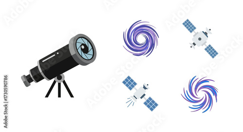 Astronomical Telescope with Tripod, Detailed Illustration.