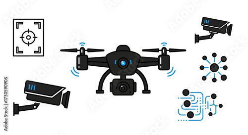 Black Drone with Camera, Propellers, and Blue Light, Vector Illustration.
