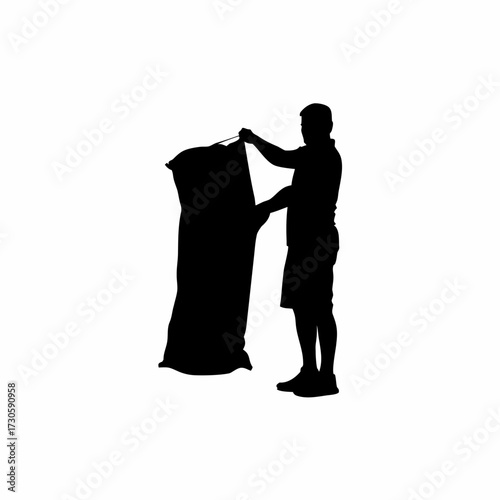 Silhouette of worker opening rice sack for inspection isolated on white background