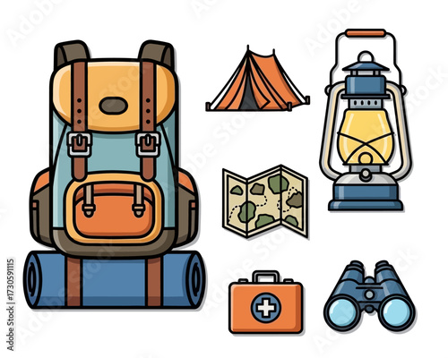 Camping Gear - Backpack, Tent, Lantern, Map, First Aid Kit, and Binoculars.