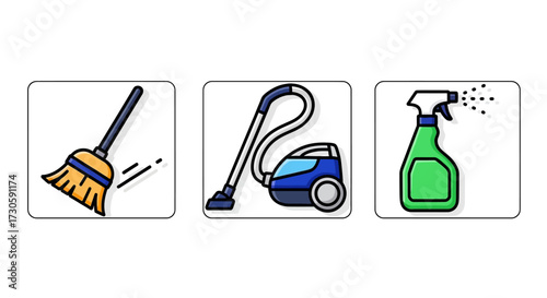 Cartoon Illustration of a Yellow Broom Sweeping with Black Handle and Bristles.