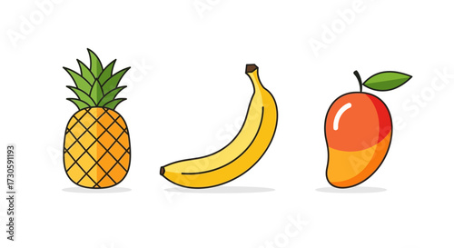 Cartoon Pineapple, Banana, and Mango Fruits in Flat Style.